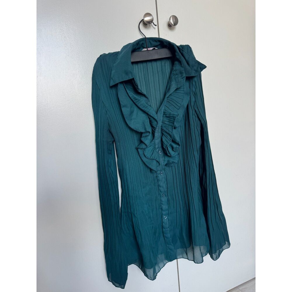Vintage French Follement Women's Pleated Turquoise Ruffle Bell Button Up Shirt L